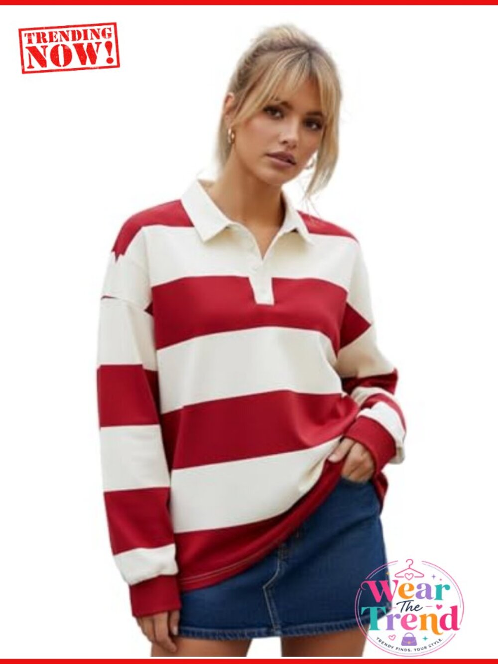 Women Striped Rugby Shirt Color Block Long Sleeve Polo Top